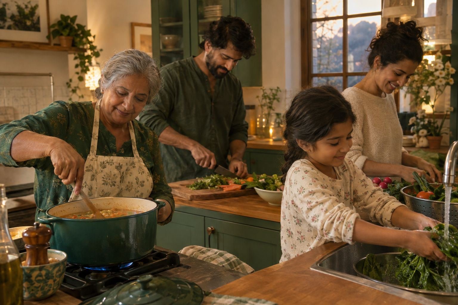 A family preparing dinner together