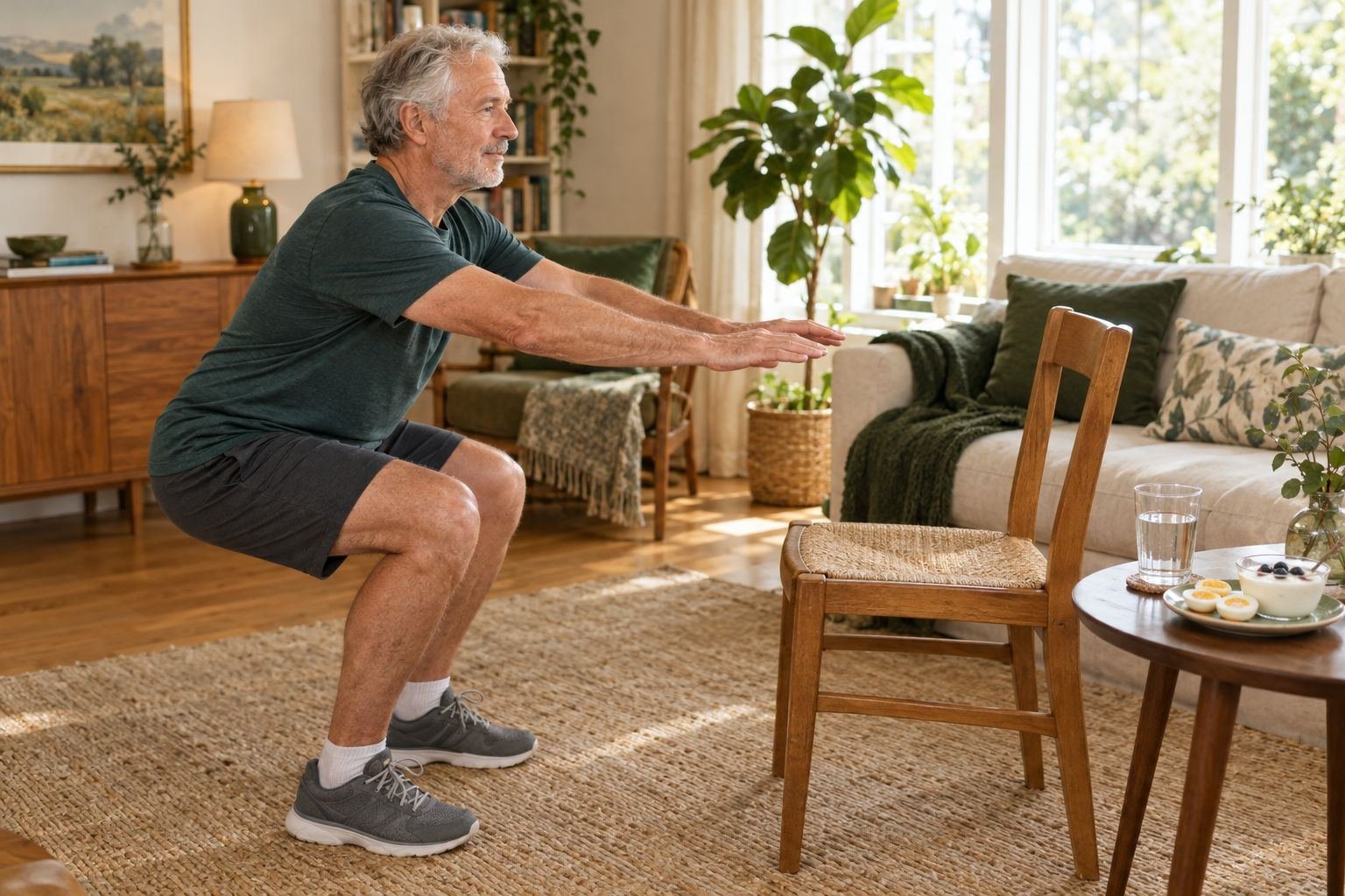 An older adult practicing a chair squat at home