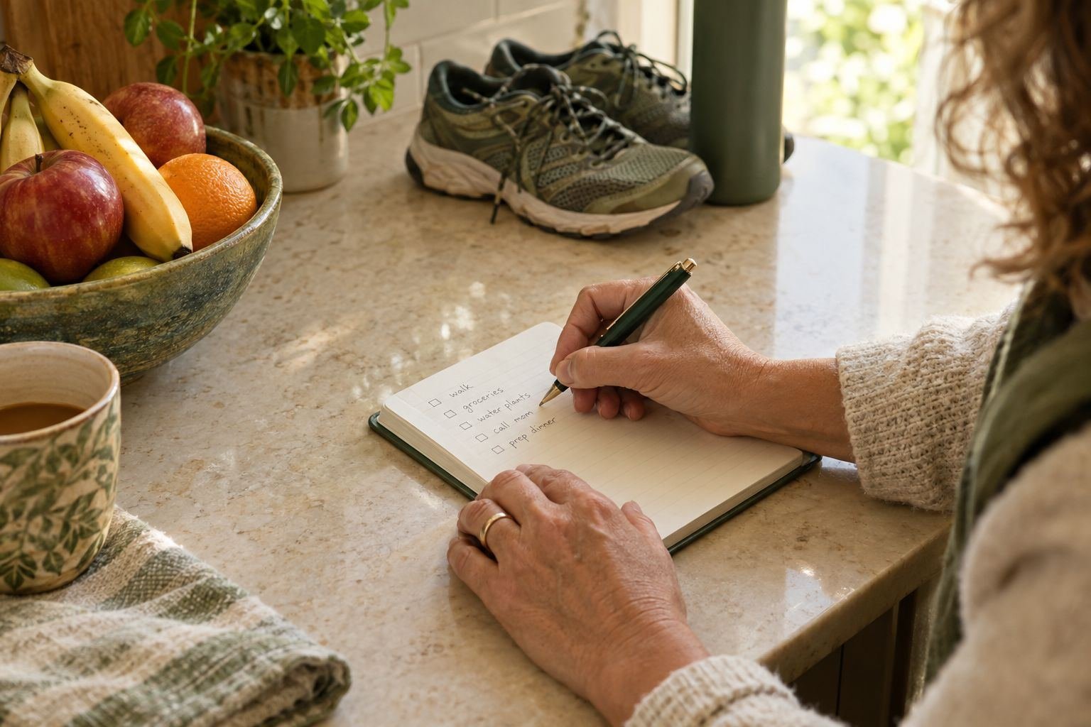 Hands writing a checklist beside fruit and walking shoes